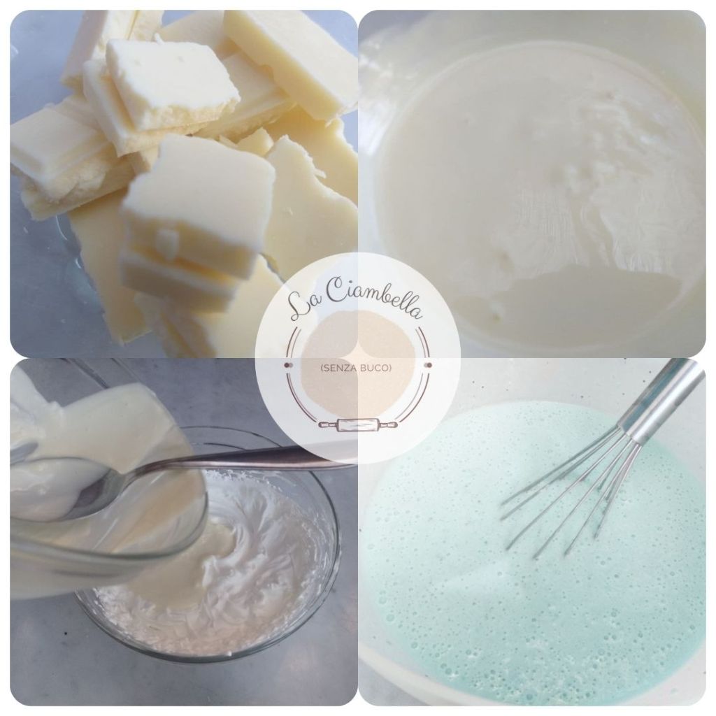 Preparazione della mousse azzurra al cioccolato bianco