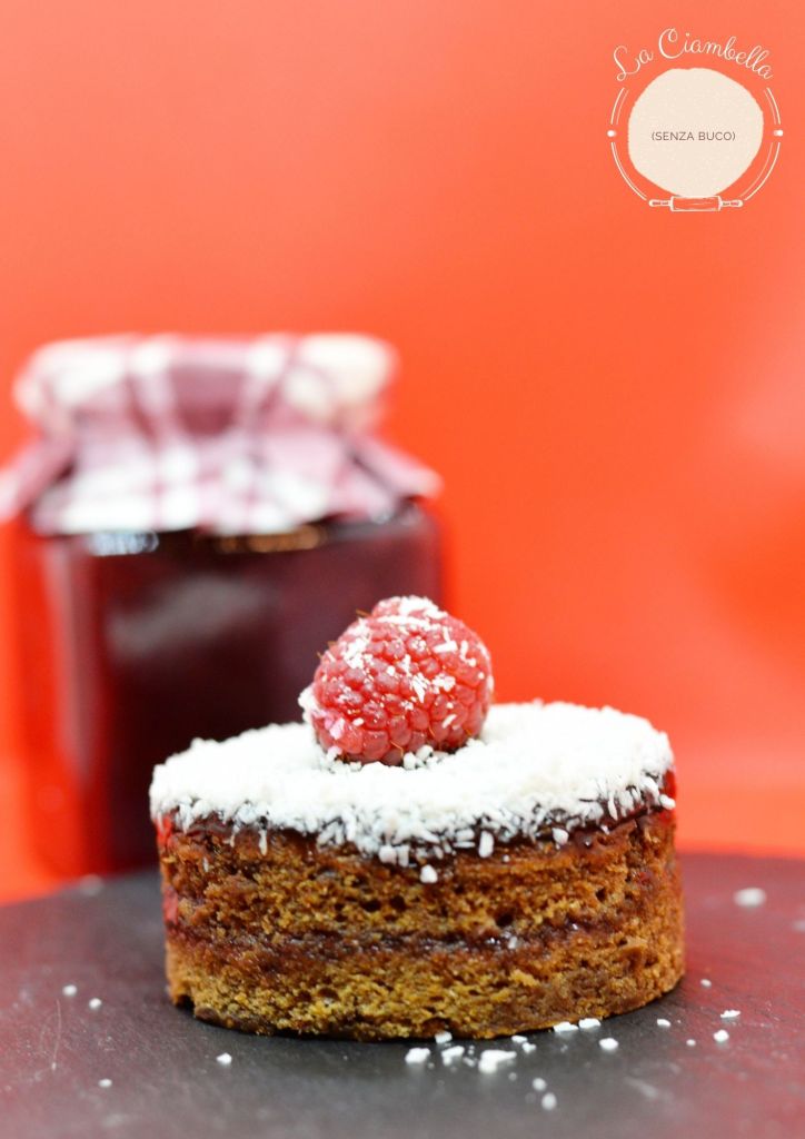 PAN DI SPAGNA AL CACAO CON CONFETTURA DI LAMPONI E COPERTURA AL CIOCCOLATO E COCCO